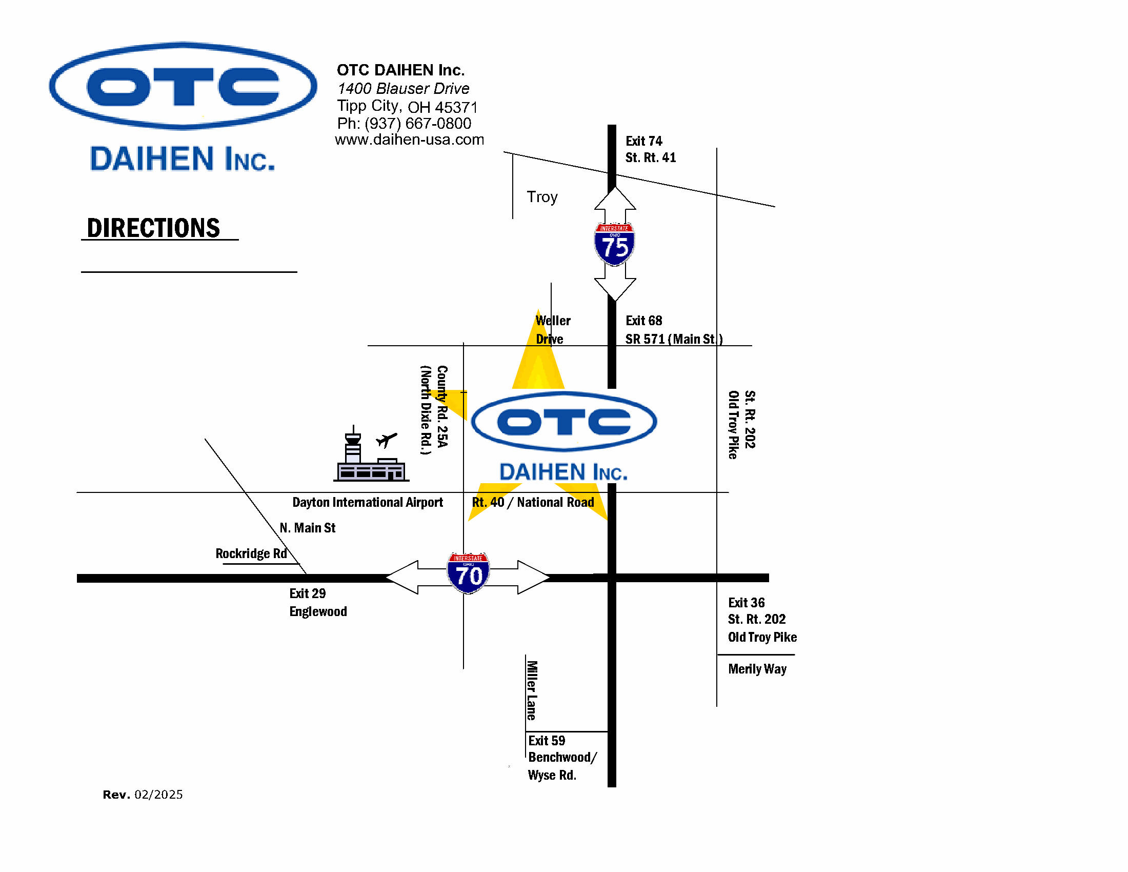Directions map to OTC DAIHEN Inc., 1400 Blauser Drive, Tipp City, OH — showing I-75 exits 68 and 74, I-70, and nearby routes.